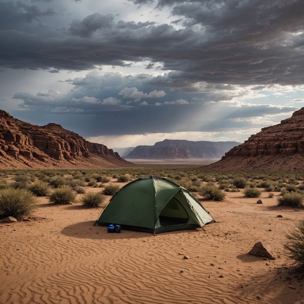Quels sont les équipements nécessaires pour un camping en région désertique pendant la saison des pluies?